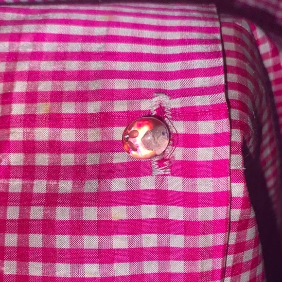 Pink Gingham Shirt 100% Silk with Jelly Bean Laser Etched Flower buttons - Picture 5 of 6